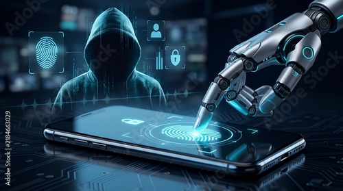 Artificial Intelligence Cyber Security Concept with Robotic Hand Authenticating Biometrics on Smartphone
