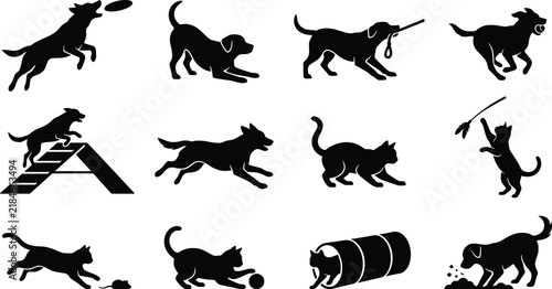 Set of black silhouettes showing dogs and cats playing games and doing agility exercises