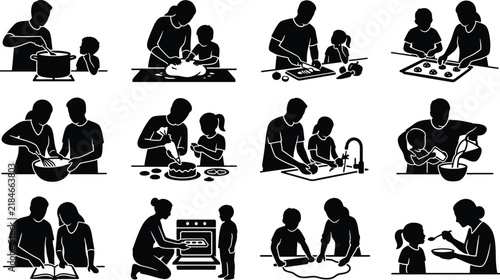 Black silhouette collection of parents and kids cooking together in the kitchen