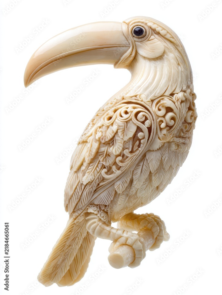 Obraz premium Intricately Carved Toucan Figurine From Cream Colored Material On Isolated White Background