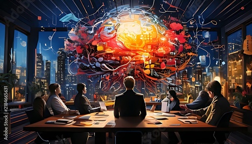 Business team collaborating on artificial intelligence strategy in modern boardroom.