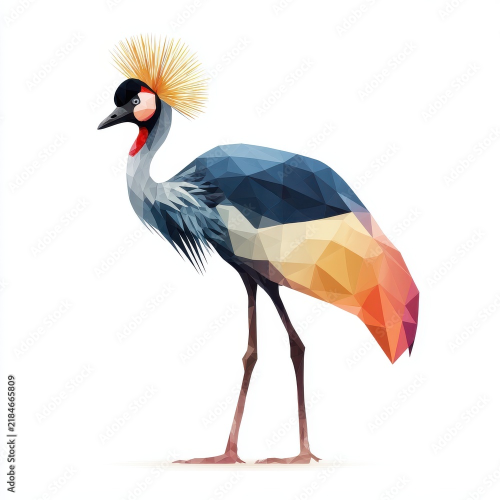 Obraz premium Low Poly Geometric Grey Crowned Crane Bird Illustration On A Clean White Background