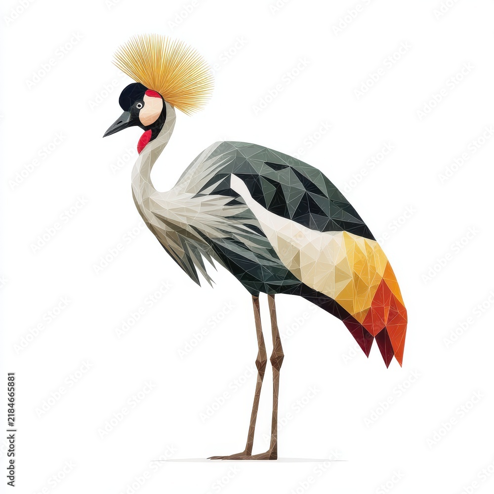 Fototapeta premium Low Poly Geometric Illustration Of A Crowned Crane With Vibrant Crest Standing On White Background