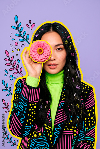 Playful Young Woman Holding Pink Flower Over Her Eye with Colorful Hand-Drawn Doodle Patterns, Creative Pop Art Fashion Portrait