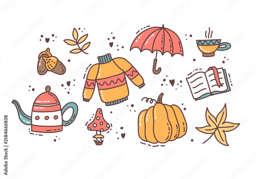Fototapeta premium Hello autumn elements collection, cute hand drawn seasonal objects. Vector illustration in doodle style