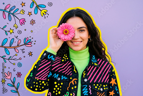 Playful Young Woman Holding Pink Flower Over Her Eye with Colorful Hand-Drawn Doodle Patterns, Creative Pop Art Fashion Portrait