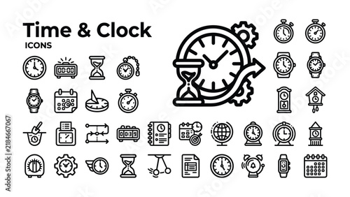 Obraz na plátně Time & Clock Icons Collection: A comprehensive set of line art icons representing various timekeeping devices and concepts, including clocks, watches, hourglasses, and calendars
