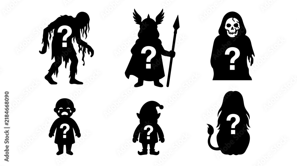 Obraz premium Set of silhouettes of mystery characters featuring question marks, isolated game icons, fantasy figures, riddle, secret identity, guessing game