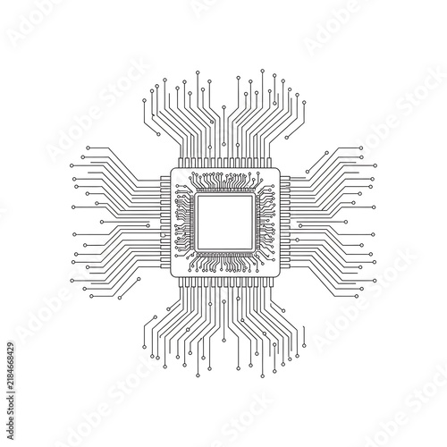 Digital microprocessor chip with circuit board lines in outline style
