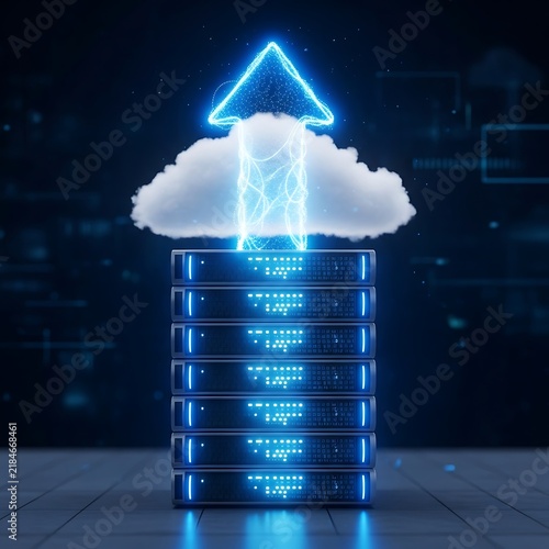 Plakat Cloud data upload concept with server rack and digital arrow