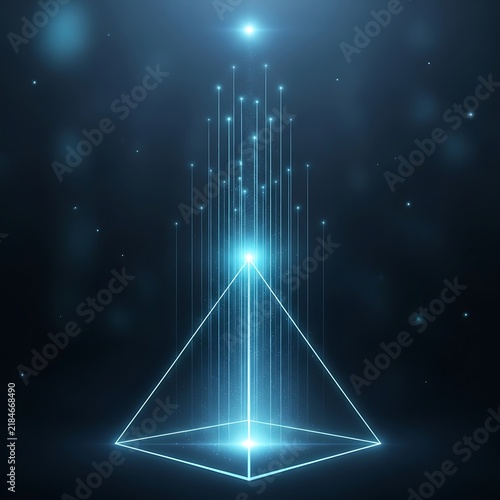 Glowing pyramid hologram with ascending digital particles