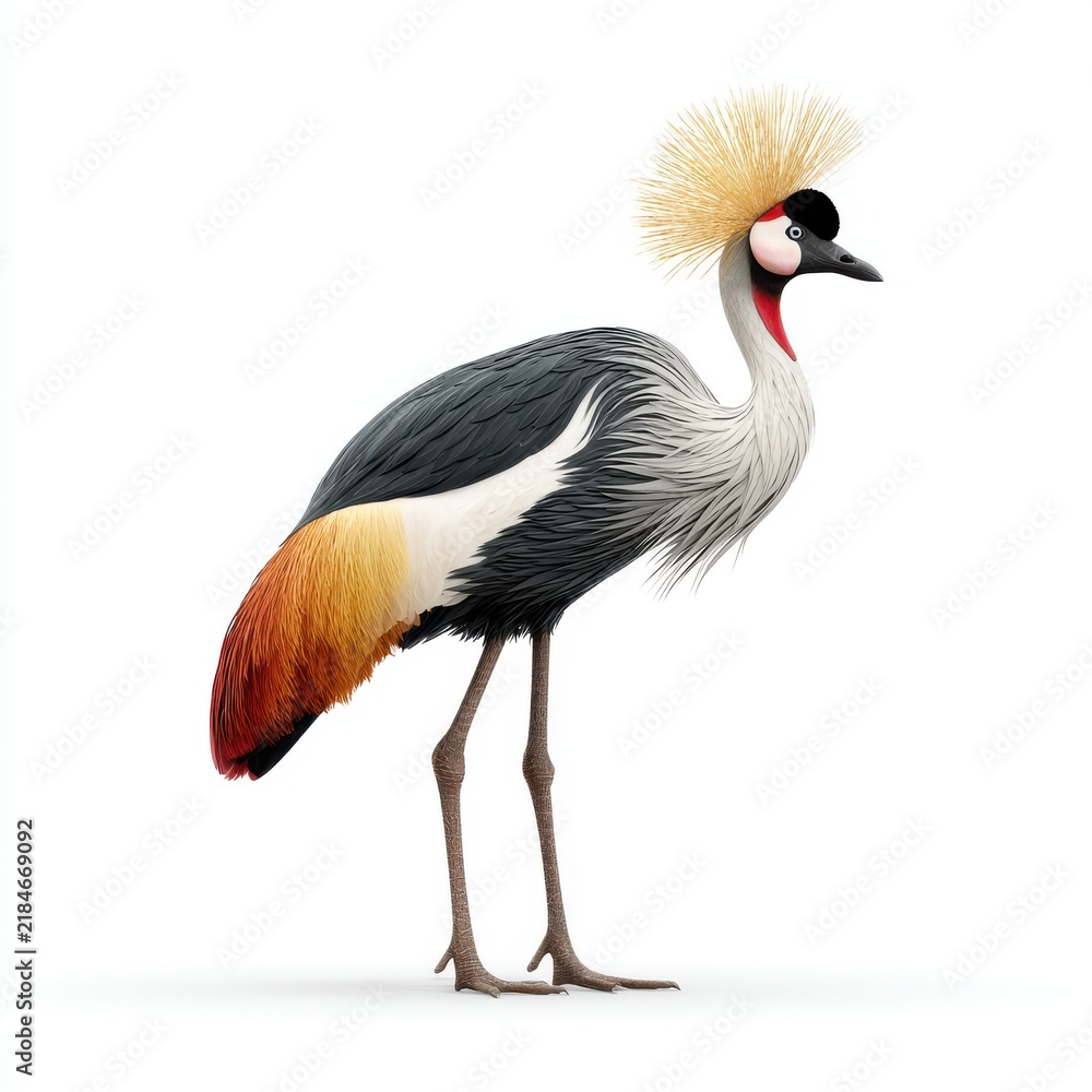 Fototapeta premium Majestic Grey Crowned Crane Bird Featuring Vibrant Golden Feathers Isolated On A Crisp White Background