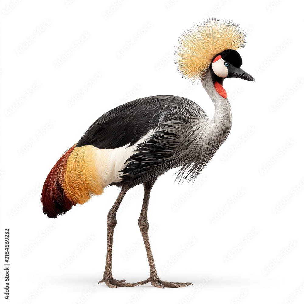 Obraz premium Majestic Grey Crowned Crane Standing Isolated On White Background With Golden Plumage Head Feathers