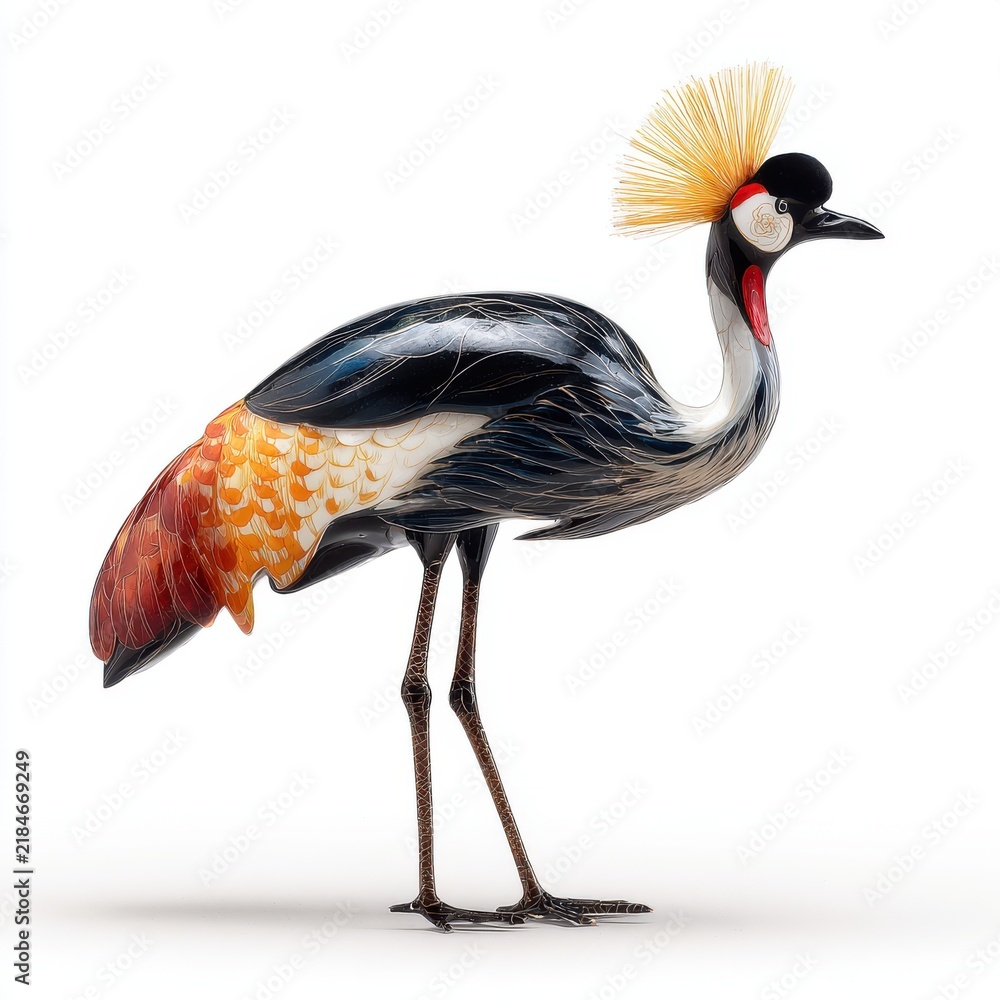 Obraz premium Majestic Grey Crowned Crane With Golden Crest Feathers Standing Profile On Pure White Background