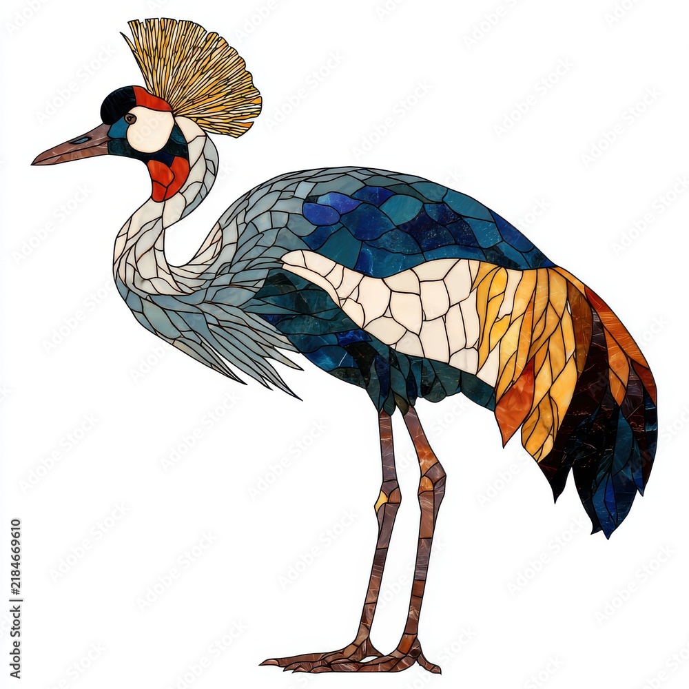Obraz premium Mosaic Art Depicting A Majestic Grey Crowned Crane With Intricate Colorful Glass Patterns On White
