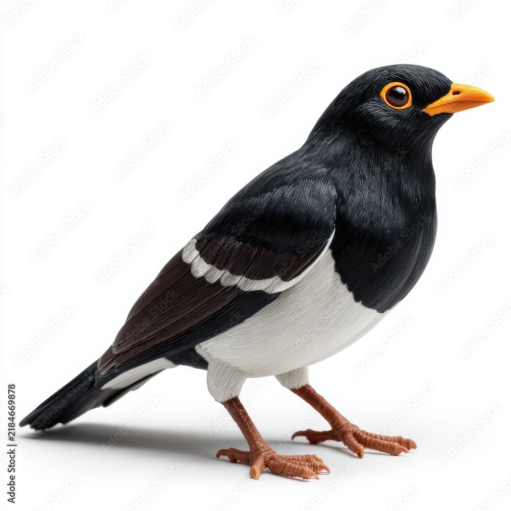 Obraz premium Oriental Magpie Robin With Black And White Plumage And Orange Beak Isolated On White Background