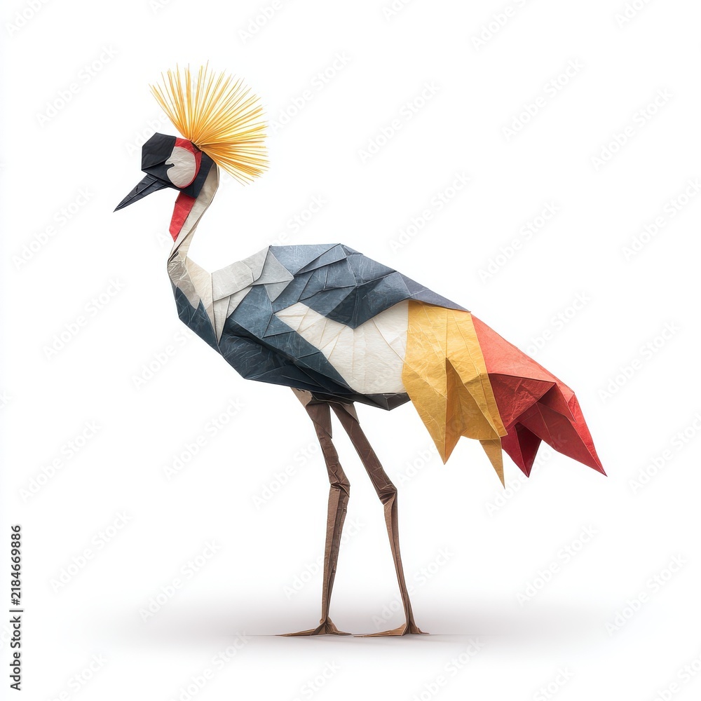 Fototapeta premium Origami Paper Art Of A Crowned Crane With Golden Crest And Multi Color Wings Isolated On White