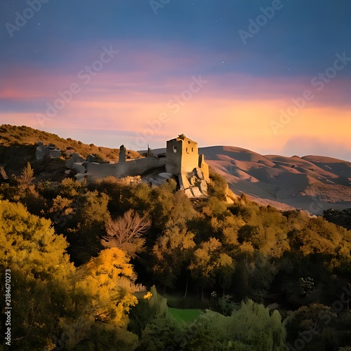 Stunning sunset over ancient stone castle ruins on a hilltop in Tuscany Italy.