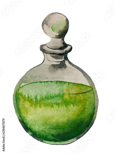 Konstfotografi Hand-painted watercolor illustration of a green magical potion in a glass bottle