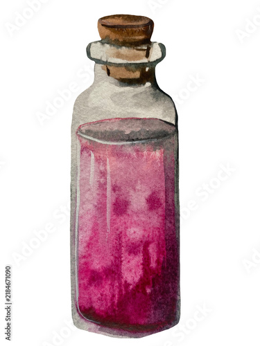 Fotografie Hand-painted watercolor illustration of a pink magical potion in a small glass b