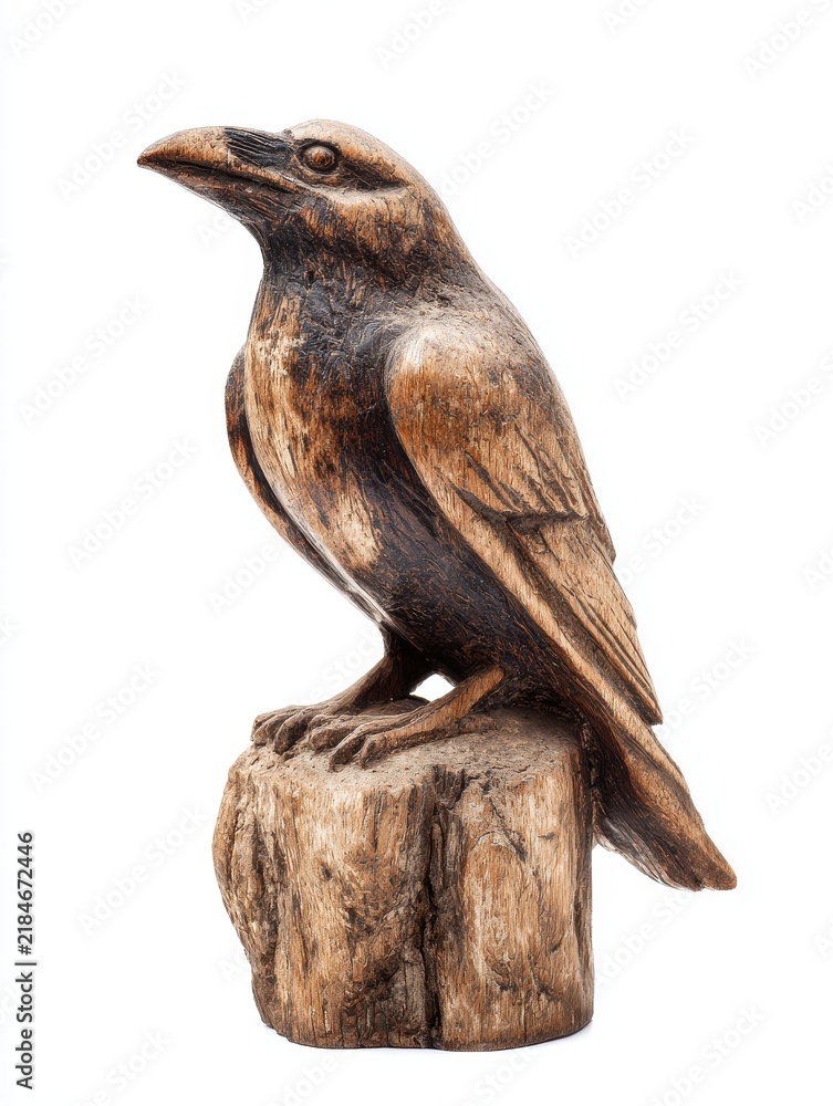 Obraz premium Rustic Bronze Crow Sculpture Perched On A Tree Stump Ornament Isolated On White Background