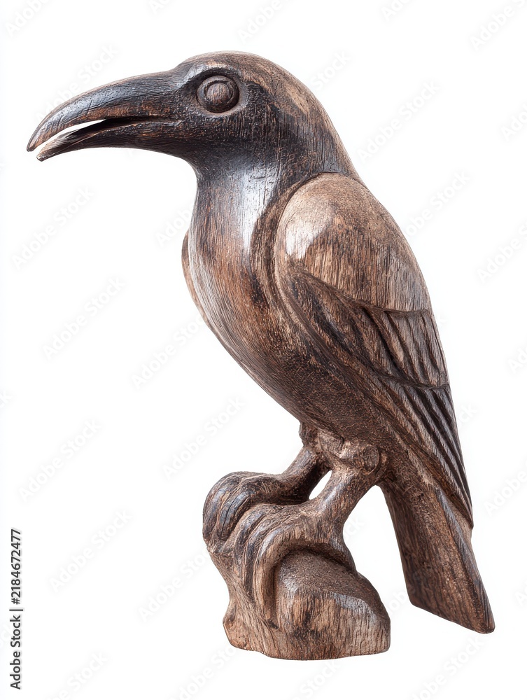 Obraz premium Rustic Bronze Raven Sculpture Perched On Stone Isolated On White Background With Detailed Texture