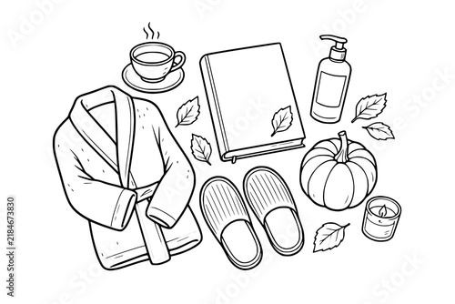 Steaming cup of tea sits near a bathrobe, slippers, book, pumpkin, and candle in a minimalist line art composition.