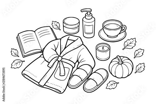 Bathrobe tied with a belt is centered among an open book, slippers, pumpkin, tea, and spa cosmetics in this coloring page design.