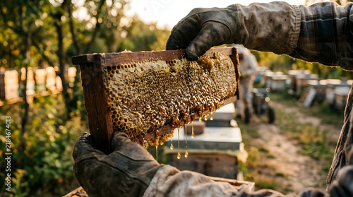 Hand Holding Honeycomb Frame in Apiary