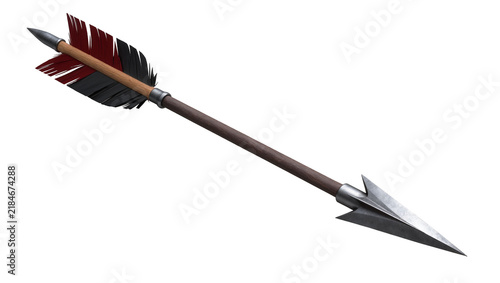 Foto Medieval wooden arrow with metal arrowhead and red black feathers, isolated on t