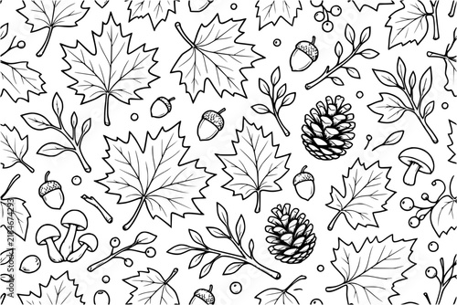 Maple leaves and acorns form a seamless black and white doodle pattern of autumn forest elements.