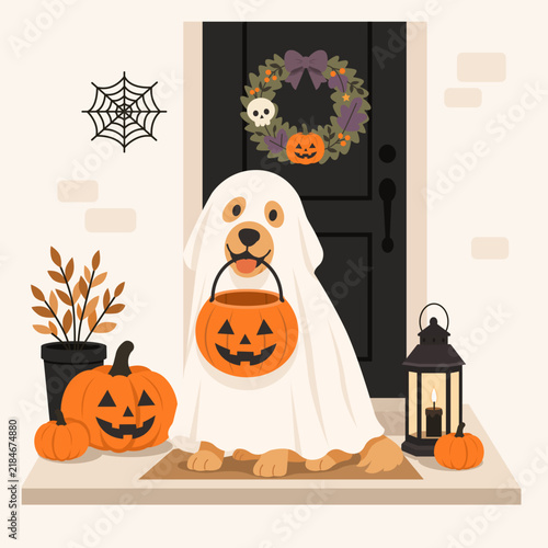 Cute dog dressed as a ghost holding a pumpkin candy bucket at a decorated front door with pumpkins, lantern and Halloween wreath. Fun flat vector illustration for trick or treat, pet costumes.