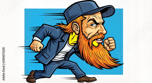 Animated character running with a large beard and blue suit, Comic Pop Art Style  