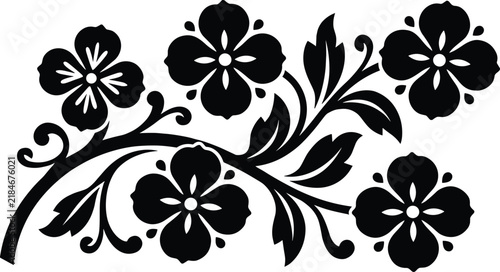 Stylized black floral illustration featuring five symmetrical flowers with decorative petals arranged along a curved branch with leaves and tendrils, perfect for ornamental design projects
