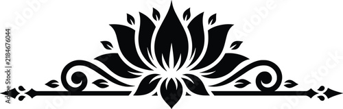 Symmetrical black ornamental lotus flower illustration with swirling vine extensions, leaf motifs, and intricate decorative design perfect for tattoos, graphic design, or architectural embellishments