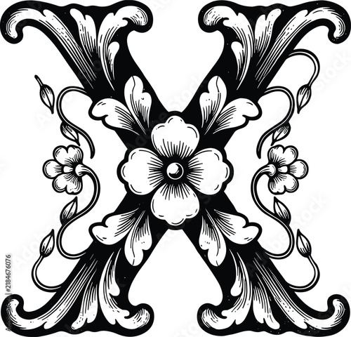 Ornate decorative letter X black and white illustration featuring floral elements, vintage baroque style vines, leaves, and elegant typography design perfect for artistic projects