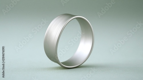 Metal ring with a brushed silver finish stands vertically on a smooth light gray studio background.