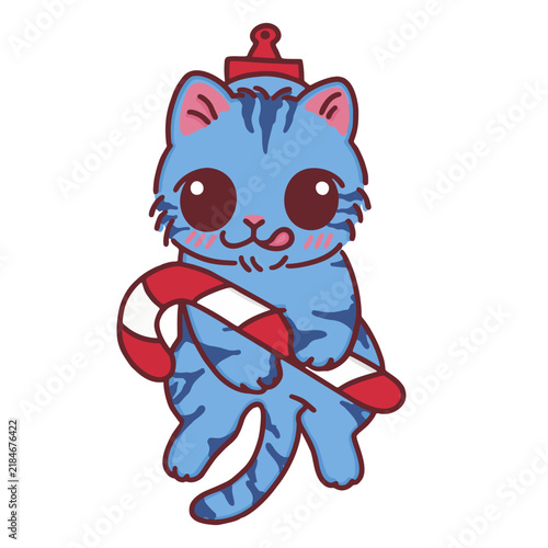Obraz na plátne Blue tabby cat holding candy cane christmas holiday handdrawn