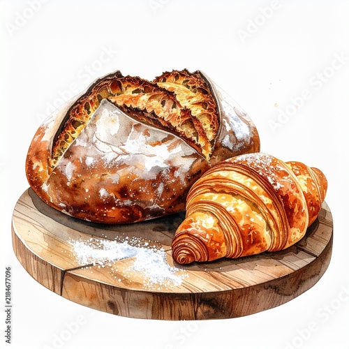 A high-quality watercolor clipart of a rustic sourdough bread loaf 
