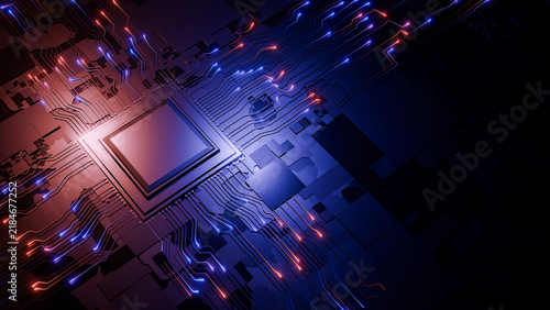 Abstract render of a glowing computer microchip with electric circuits