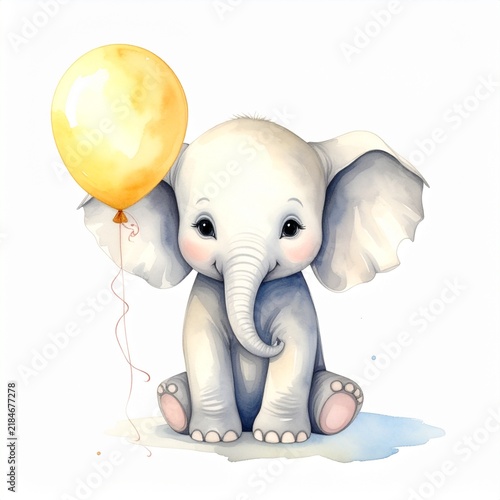 A premium watercolor illustration of a cute baby elephant sitting and playfully, hold balloon