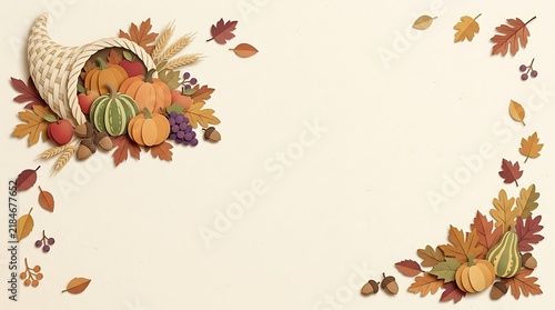 Leaves and cornucopia arranged in a frame with cornucopia seasonal background vegetable decoration template thanksgiving november