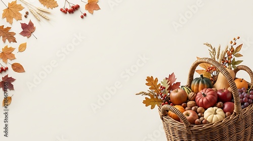 Harvest basket filled with autumn vegetables and fruit vegetables thanksgiving seasonal decoration background cornucopia celebration