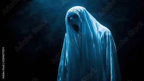 Horror Screaming Ghost Spirit in Blue Shroud Cloak with Creepy Skull Face and Fog Background for Halloween Design