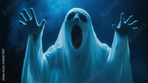 Horror Screaming Ghost Spirit in Blue Shroud Cloak with Creepy Skull Face and Fog Background for Halloween Design
