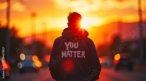 A man wearing a hoodie with the words 