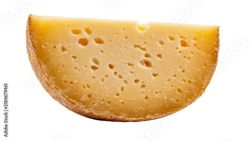 Fotografía Wedge of aged Swiss cheese with holes, isolated on transparent background