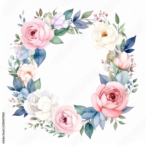 An elegant watercolor floral wreath made of blush pink and blush blue roses
