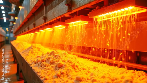 A long sawdust drying machine with lighting operates in a factory.