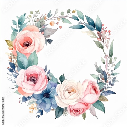 An elegant watercolor floral wreath made of blush pink and blush blue roses